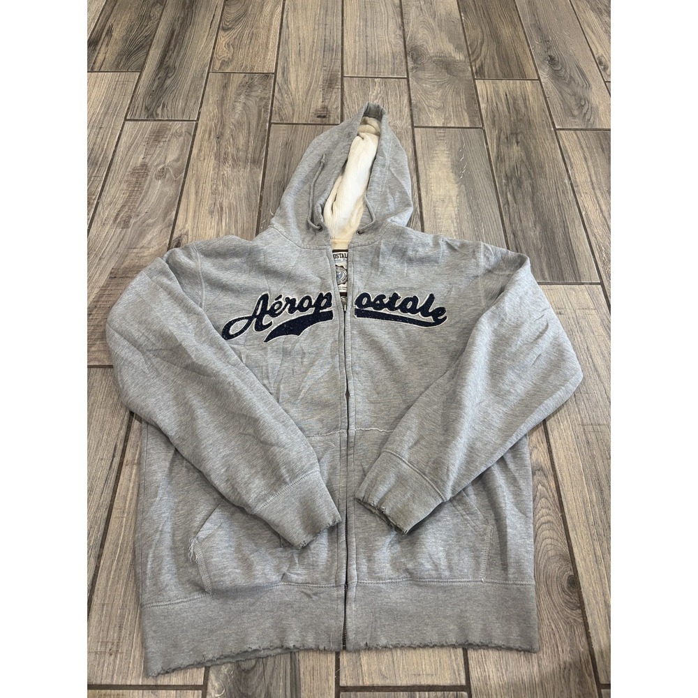 Aeropostale Men's S Gray Full Zip Hoodie Lined Distressed Varsity Athletic